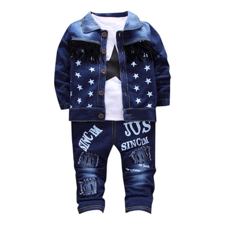 WOYY Infant Boys Outfits Long Sleeve T Shirt Denim Jacket Pants 3Pcs Set, Sizes 18-24M