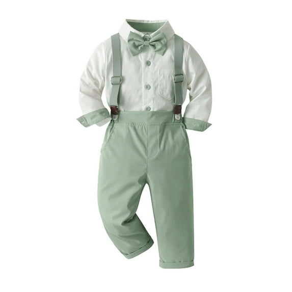 WOYY Infant Boys Outfits Solid Long Sleeve Button Shirt Suspenders Pants Suit, Sizes 12-18M