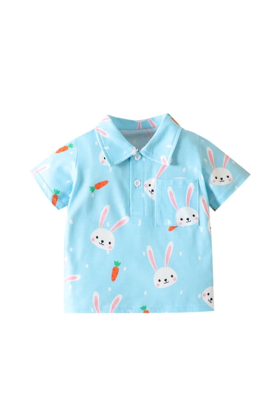 Boys Short Sleeve Easter Shirt Rabbit Prints Cute Summer Button-Down Shirt