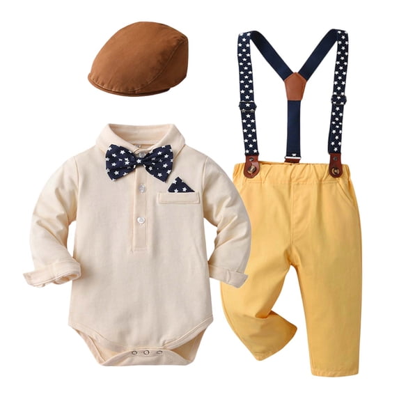 WOYY Infant Boys Suit Formal Long Sleeve Shirt Bodysuit Suspenders Pants Hat 3Pcs Outfits, Sizes 18-24 Months