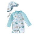 thumbnail image 1 of WOYY Boys Swimsuit Cartoon Animal Print Long Sleeve Rash Guard & Hat Bathing Suit, 1 of 2