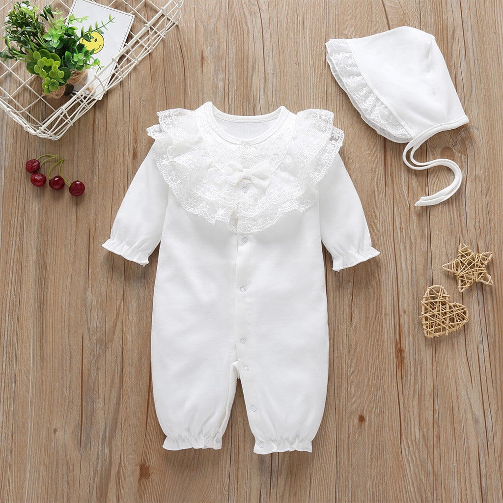 WOYY Infant Girl Lace Ruffle Jumpsuit Solid Long Sleeve Bow Onesie Romper With Hat Outfits