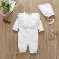 thumbnail image 1 of WOYY Infant Girl Lace Ruffle Jumpsuit Solid Long Sleeve Bow Onesie Romper With Hat Outfits, 1 of 7