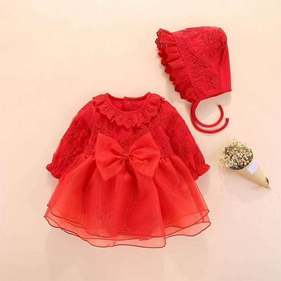 WOYY Infant Girl's Bow Tulle Dress Ruffle Long Sleeve Birthday Party Princess Dress Hat