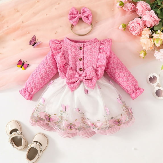 WOYY Girl's Long Sleeve Tulle Dress Ruffles Floral Bowknot Dress With Headband