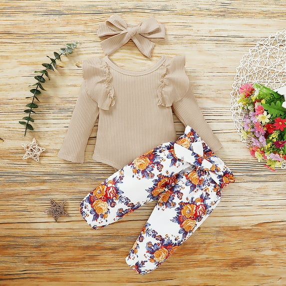 WOYY Infant Girl's Outfits Long Sleeve Ruffles Romper Floral Pants with Headband Sets
