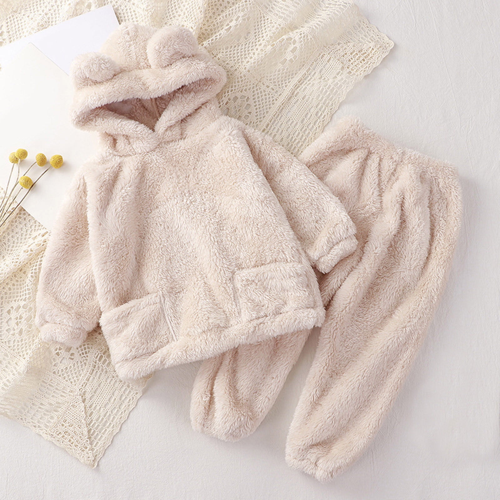 WOYY Infant Girls 2Pcs Outfits Winter Warm Fleece Bear Ear Hoodie + Pants Clothes Set
