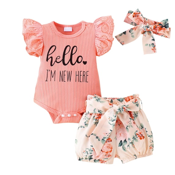 WOYY Girls 3Pcs Outfits Flutter Sleeve Ribbed Romper Shorts Headband Set Baby Clothing Sets, Sizes 3-6 Months