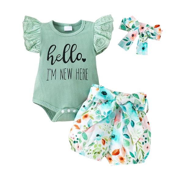 WOYY Infant Girls 3Pcs Outfits Flutter Sleeve Ribbed Romper Shorts Headband Set Children's Clothes Sets, Sizes 0-3 Months