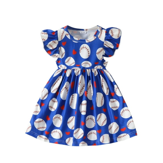 WOYY Infant Girls Baseball Prints Dress Casual Summer Dress with Flutter Sleeves