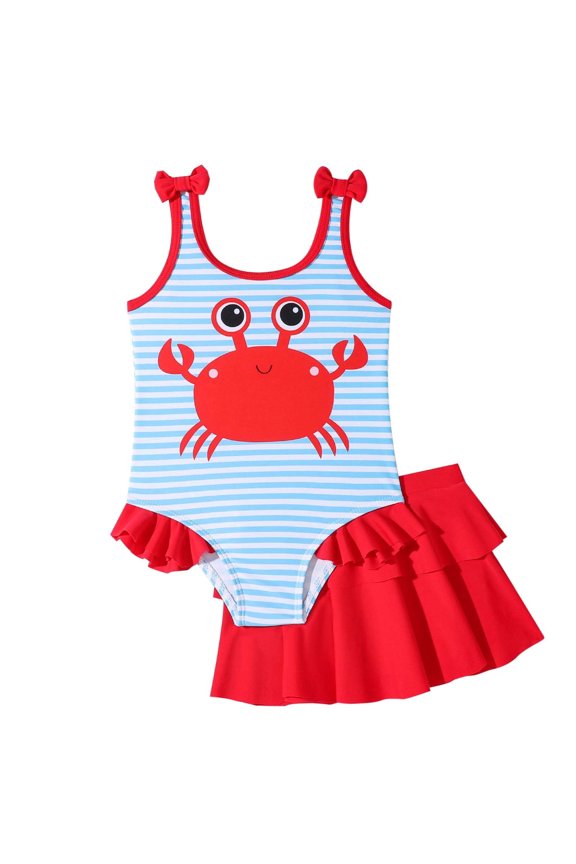 Infant Girls Cartoon Crab Print One-Piece Swimsuit with Cover Up Skirt Bathing Suit