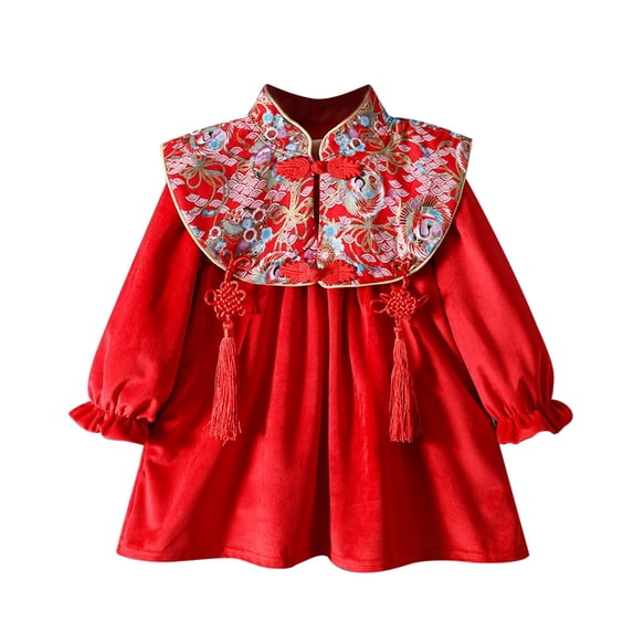 WOYY Infant Girls Chinese New Year Party Dress Velour Long Sleeve Winter Dress, Sizes 18-24M