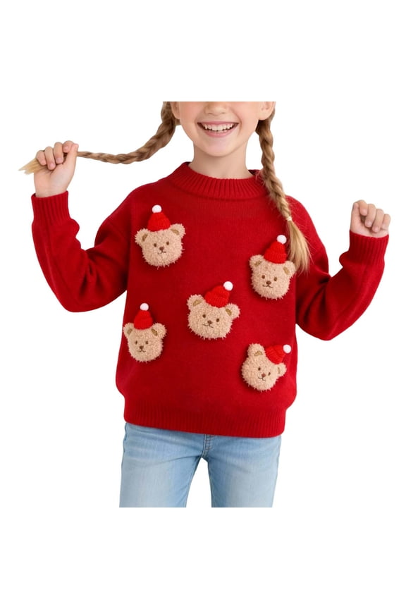 Girls Cute Bear Sweater Soft Crewneck Knitted Pullover Top, Sizes 18-24M