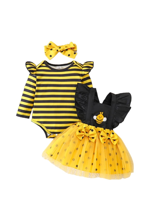 Infant Girls Cute Cartoon Bee Outfits Ruffle Striped Romper Tutu Skirt Headband 3Pcs Set, Sizes 0-18 Months