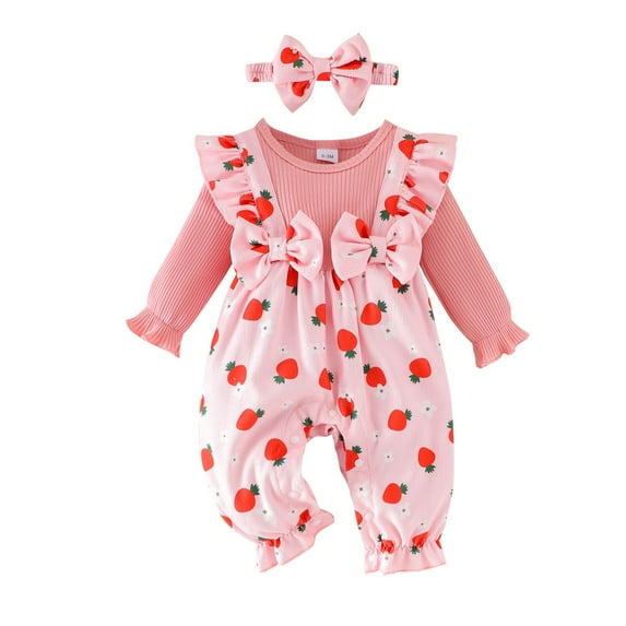 WOYY Girls Cute Strawberry Print Ruffle Long Sleeve Romper Jumpsuit with Headband, Sizes 9-12M