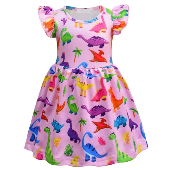 WOYY Infant Girls Dress Dinosaur Prints Flutter Sleeve Dress Kids Summer Casual Dresses