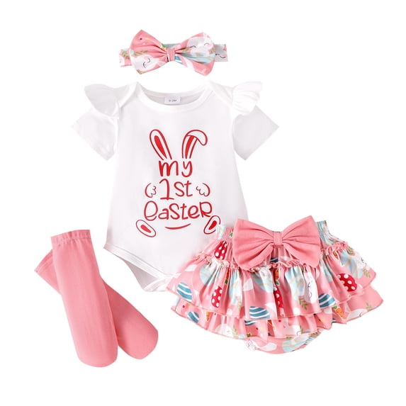 WOYY Infant Girls Easter Outfits Bunny Print Short Sleeve Bodysuit and Skort Set Baby 2Pcs Set, Sizes 3-6 Months