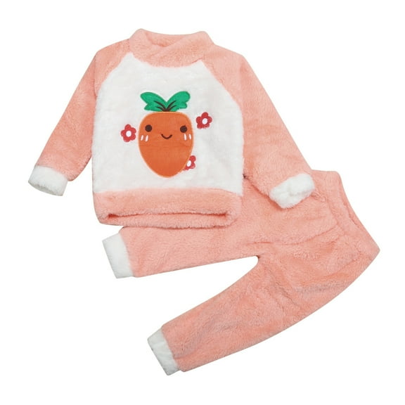 WOYY Infant Girls Fleece Fuzzy Pajamas Cartoon Long Sleeve Top Pants Sleepwear, Sizes 12-18M