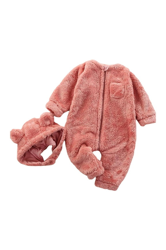 Girls Jumpsuit Zipper Soft Flannel Romper Onesies with Hood, Sizes 12-24M