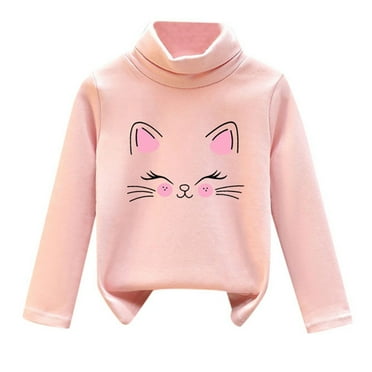 WOYY Girls Undershirt Cute Cat Print High Neck Soft Tops T Shirt Pullover