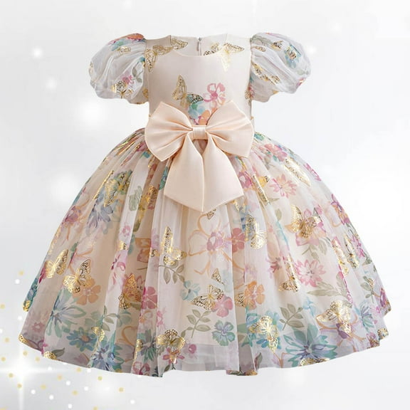WOYY Infant Girls Flower Print Bow Birthday Wedding Party Dress Pageant Gown, Sizes 6M-5T