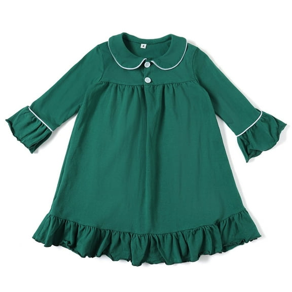 WOYY Girls Green Nightgown Ruffle Long Sleeves Cotton Nightdress, Sizes 12-24 Months