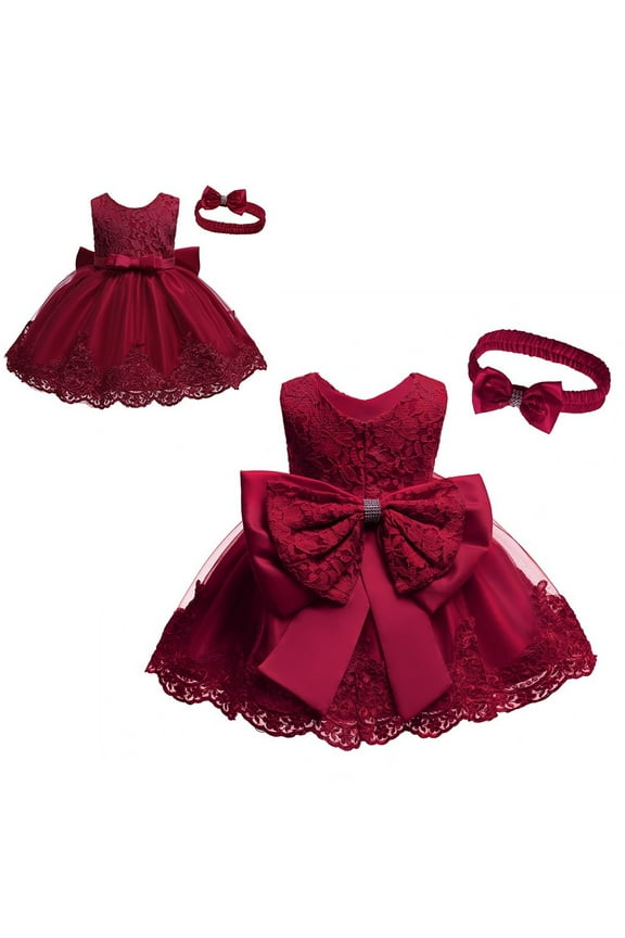 Infant Girls Lace Bowknot Princess Wedding Formal Dress & Headband Set, Sizes 0-24M