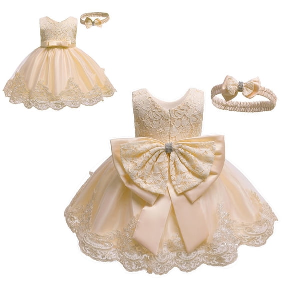 WOYY Infant Girls Lace Bowknot Princess Wedding Formal Dress & Headband Set, Sizes 0-24M