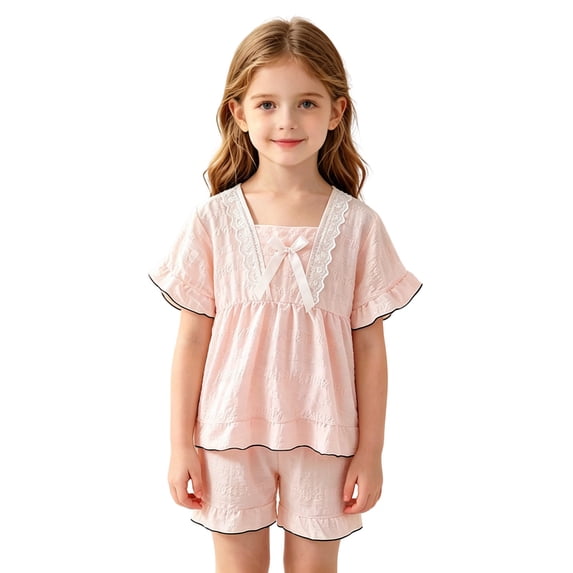 WOYY Infant Girls Loungewear Pajamas Lace Trim Ruffle Short Sleeve Top Shorts Sleepwear