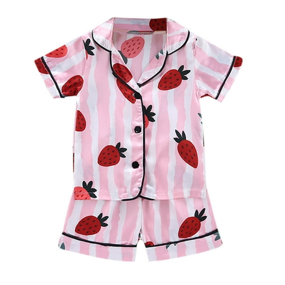 WOYY Infant Girls Loungewear Set Strawberry Striped Short Sleeve Button Top Shorts Sleepwear Outfits Children's Clothes Sets, Sizes 0-4T