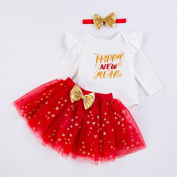 WOYY Infant Girls New Year Outfits Letter Prints Long Sleeve Romper + Skirt + Headband