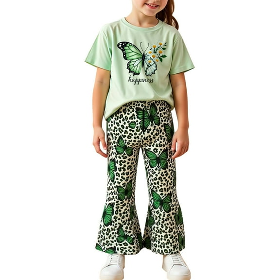 WOYY Infant Girls Outfits Butterfly Print Short Sleeve T-Shirt and Pants Set, Sizes 18-24M