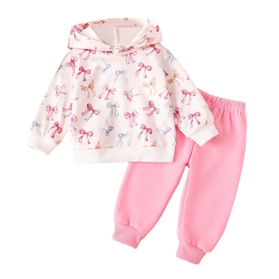 WOYY Infant Girls Outfits Cute Bow Print Hoodie Sweatshirt Pants 2-Piece Set, Sizes 6M-3T
