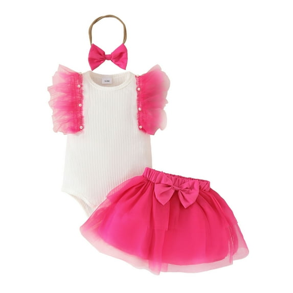 WOYY Infant Girls Outfits Ruffles Ribbed Sleeveless Romper Tutu Skirt Headband 3Pcs Set