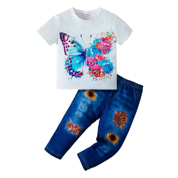 WOYY Infant Girls Outfits Short Sleeve Butterfly Graphic Tee Jeans Set, Sizes 9-12M