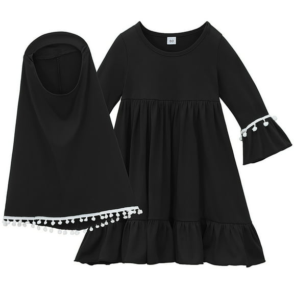 WOYY Infant Girls Outfits Solid Casual Long Sleeve Abaya with Hijab Kaftan, Sizes 18-24M