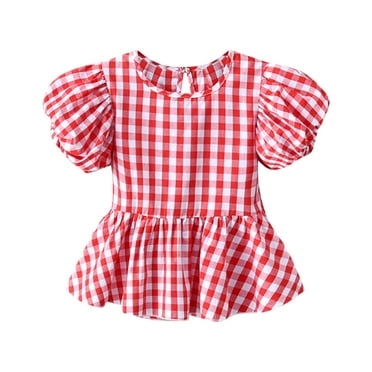 WOYY Girls Plaid T-Shirt Cotton Short Puff Sleeve Summer Shirt for Children