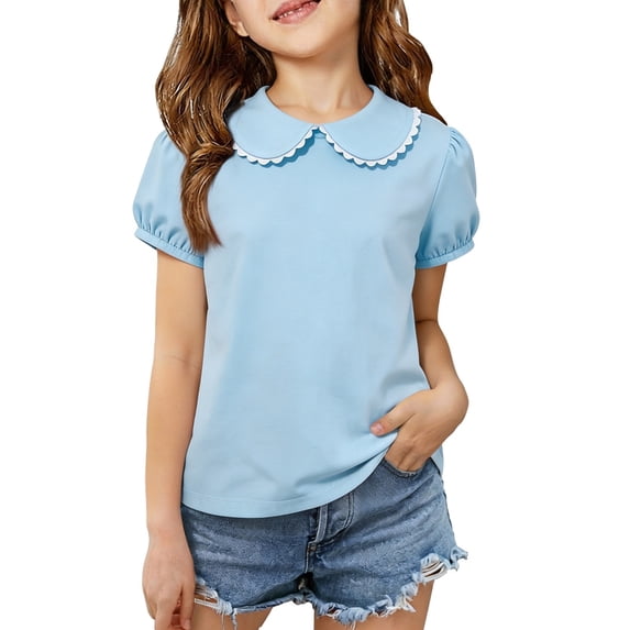 WOYY Girls Polo Shirt School Uniform Peter Pan Collar Short Sleeve Shirt, Blue