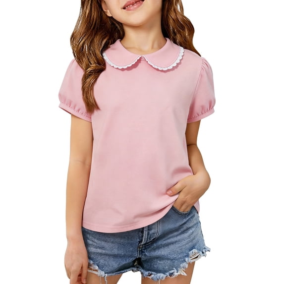WOYY Girls Polo Shirt School Uniform Peter Pan Collar Short Sleeve Shirt, Pink