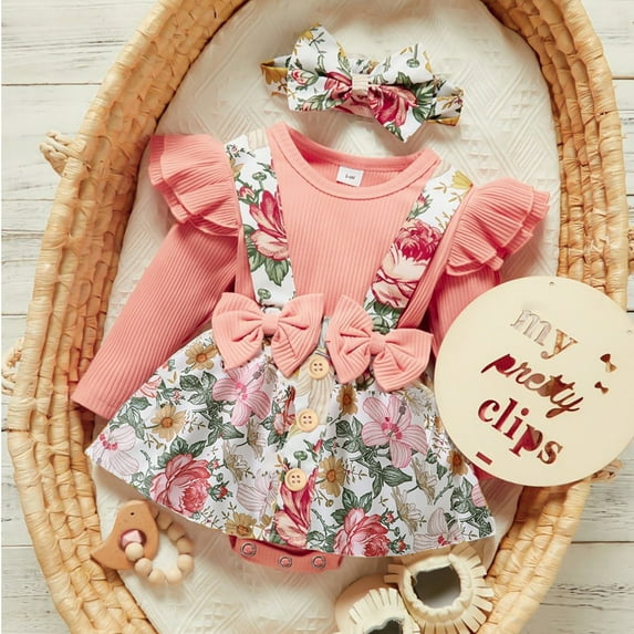 WOYY Infant Girls Romper Skirt Outfits Long Sleeve Bodysuit Flower Print Skirt Hairband