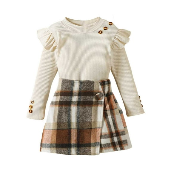 WOYY Infant Girls Ruffle Long Sleeve Ribbed T Shirt Plaid Skort Outfits, Sizes 18-24M