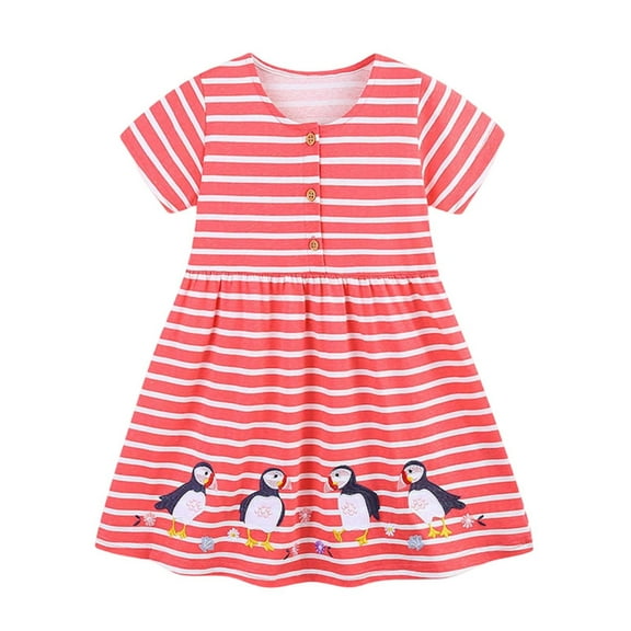 WOYY Girls' Short Sleeve Dress Striped Penguin Embroidery Dress, Sizes 12M-7Y