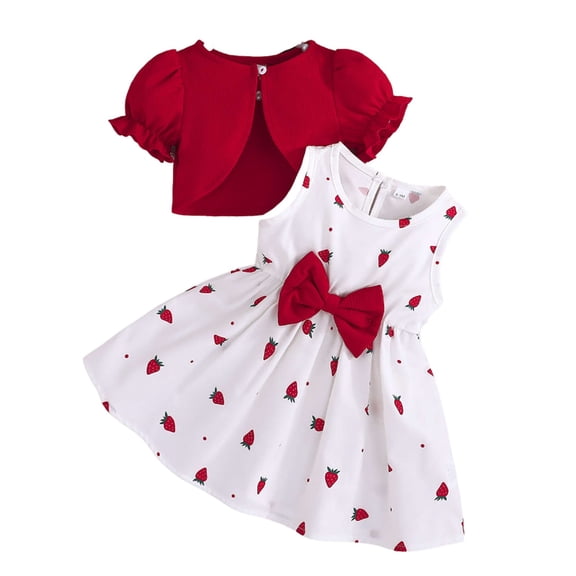 WOYY Girls Strawberry Print Sleeveless Bow Dress Short Puff Sleeve Cape Outfits, Sizes 6-9M