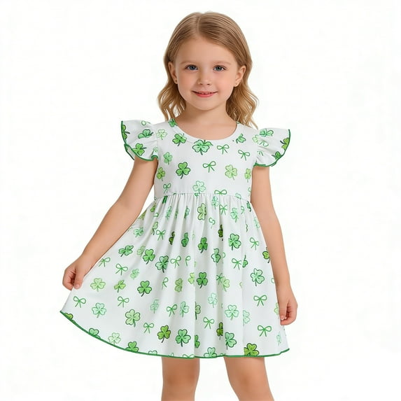 WOYY Infant Girls Summer Dress Clover Print Flutter Sleeves Casual Dress, Sizes 12-18M