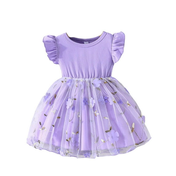 WOYY Infant Girls Summer Dress Mesh Flower Ribbed Dress with Flutter Sleeve, Sizes 9-12M