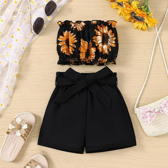 WOYY Infant Girls Summer Outfits Sunflower Print Sleeveless Tube Top Shorts Trendy Suit