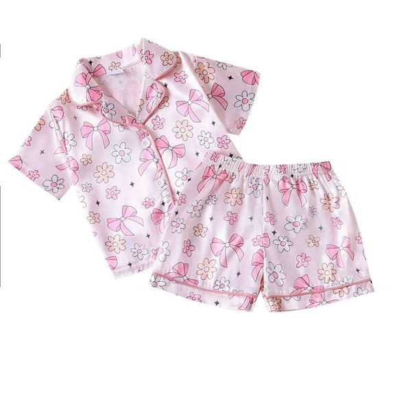WOYY Infant Girls Summer Silk Satin Pajamas Bow Print Short Sleeve Shirt Shorts Sleepwear Set, Sizes 18-24M