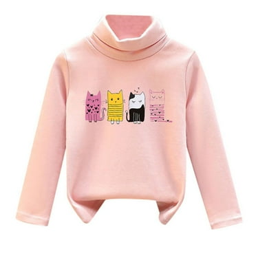 WOYY Girls Turtleneck T-Shirt Cartoon Cat Printed Soft Warm Long Sleeve Pullover