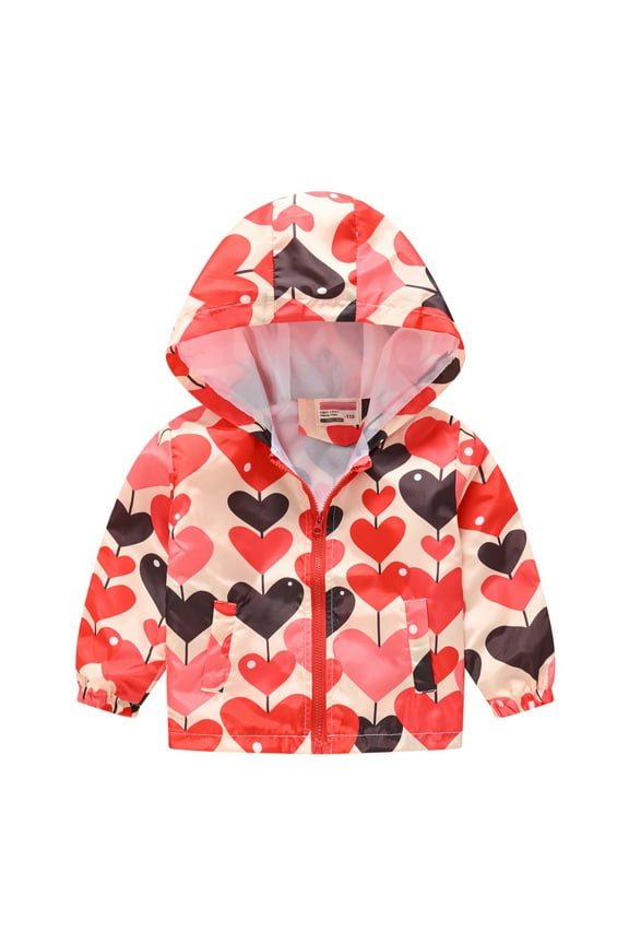 Girls Windbreaker Cartoon Prints Sun Protection Hooded Jacket, Red
