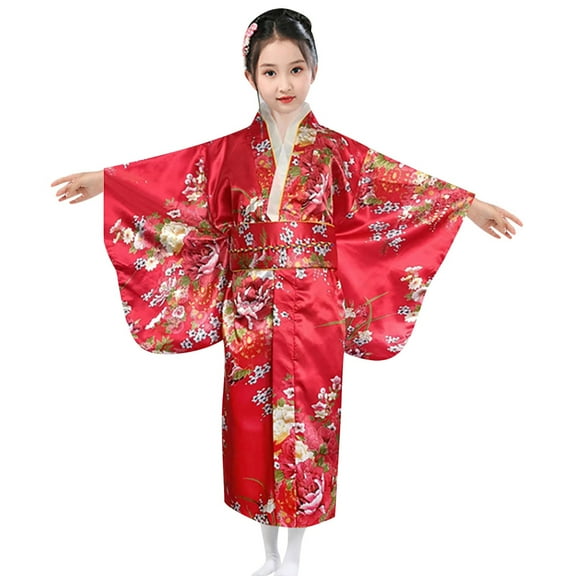WOYY Japanese Traditional Dress Kimono Robe for Kids Girls Yukata Dress Up, Red
